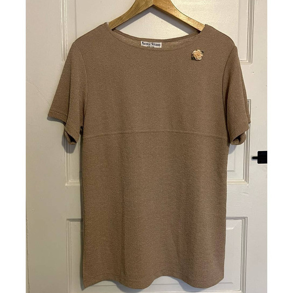 Vintage Nicole Studio Tan Short sleeve Blouse L 10 - Picture 1 of 7
